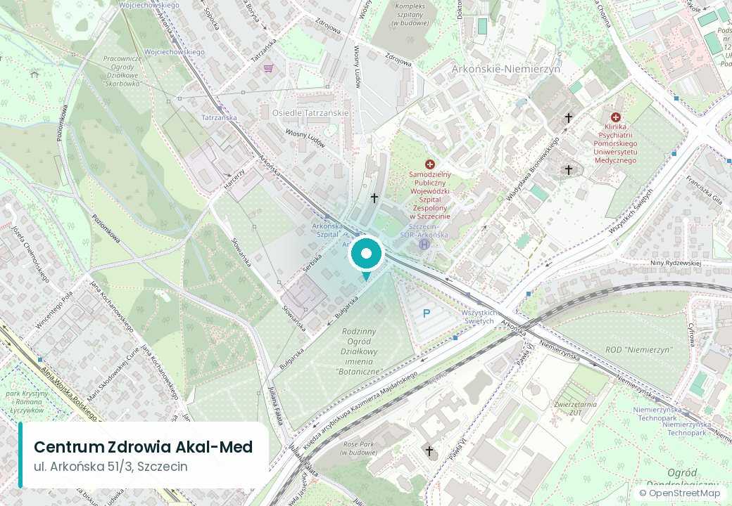 Mapa dojazdu do Centrum Zdrowia Akal-Med, ul. Arkońska 51/3 w Szczecinie,
                    naprzeciwko szpitala przy Arkońskiej